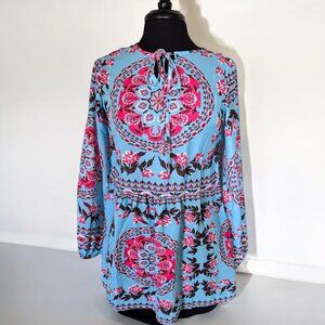 Blue Bohemian Print Tassel Tie V Neck Blouse